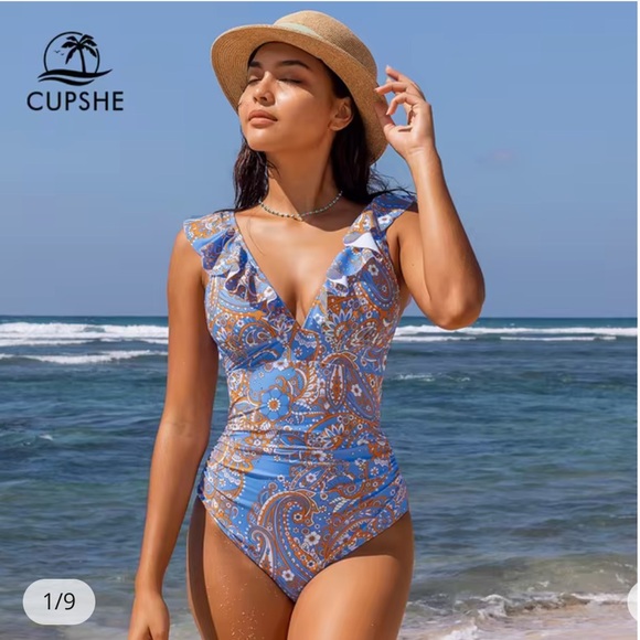 Plunging V-Neck Paisley Printed Ruffle One Piece Swimsuit - Picture 2 of 6